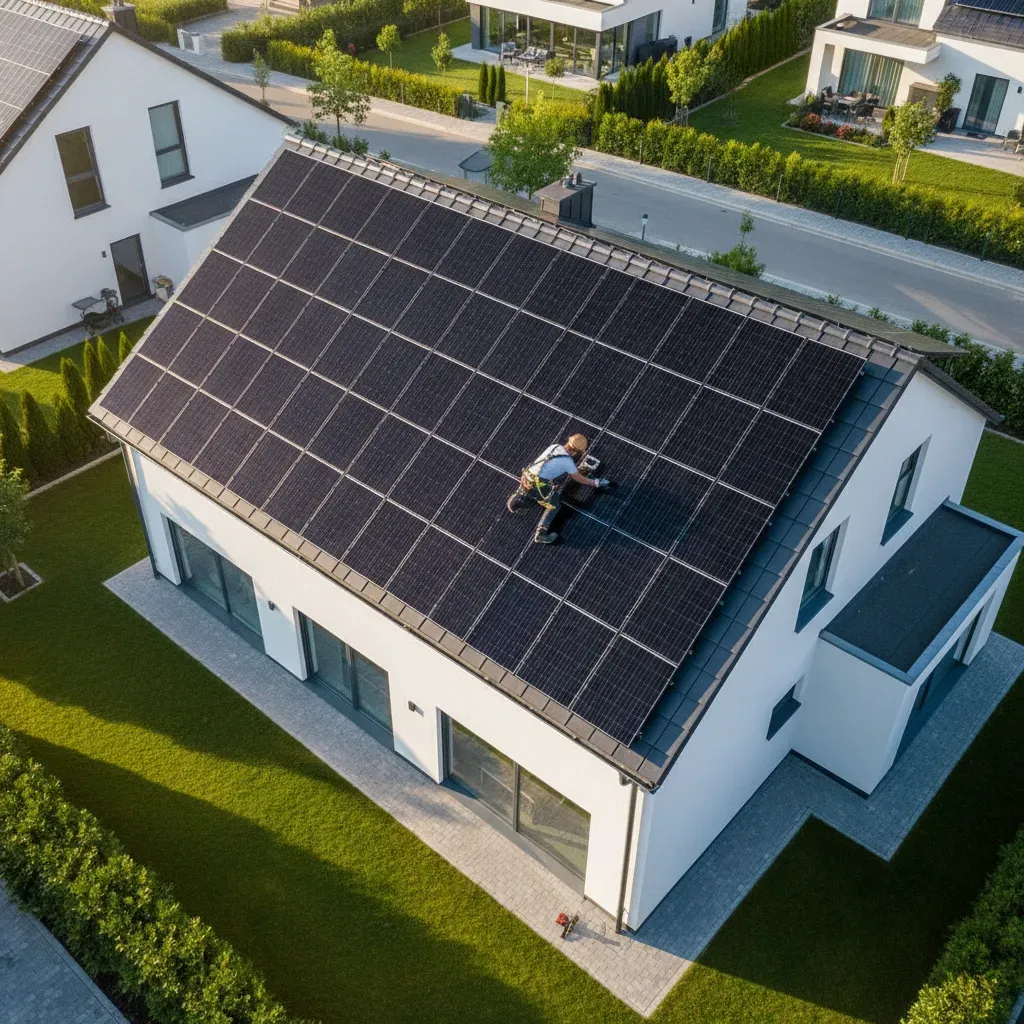Installation de panneaux photovoltaïques sur le toit d'un bâtiment industriel moderne