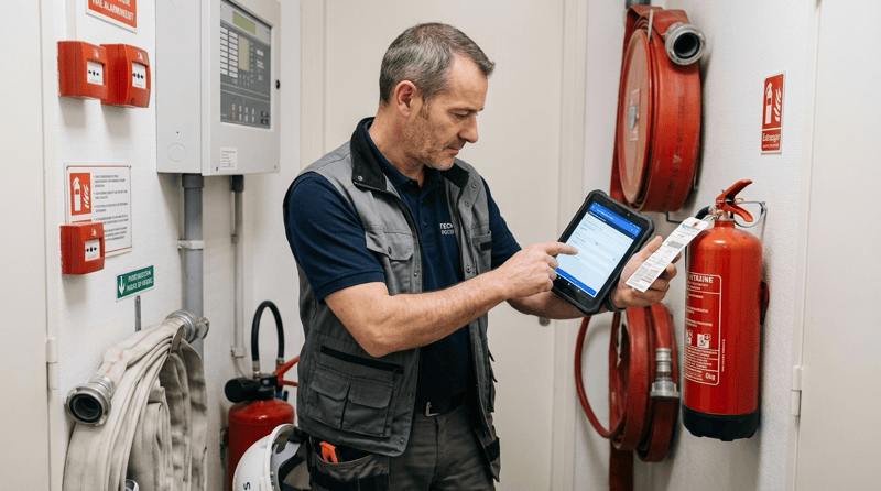 Technicien de PME de sécurité incendie documentant une intervention sur tablette pour générer une preuve de conformité vérifiable
