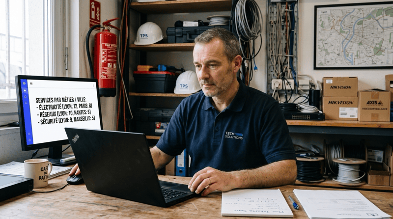 Dirigeant de PME technique consultant sur son ordinateur l'architecture de son site web organisée par service et par ville