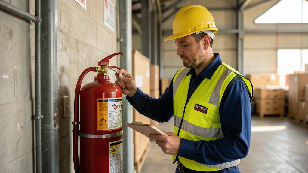 Technicien sécurité incendie en intervention vérifiant des extincteurs dans un entrepôt industriel
