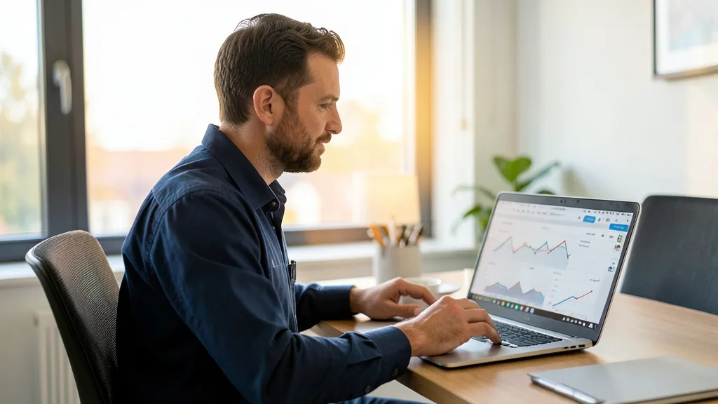 Artisan entrepreneur analysant ses performances Google Ads sur un ordinateur portable