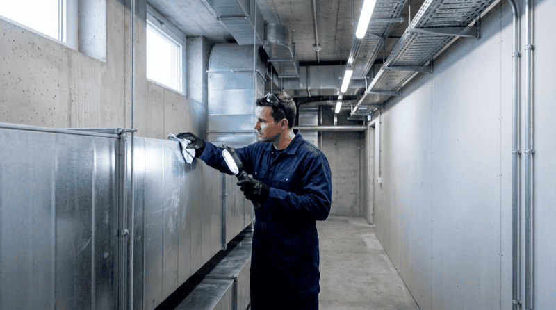 Technicien réalisant l'entretien et le nettoyage des gaines et conduits de VMC dans un environnement industriel