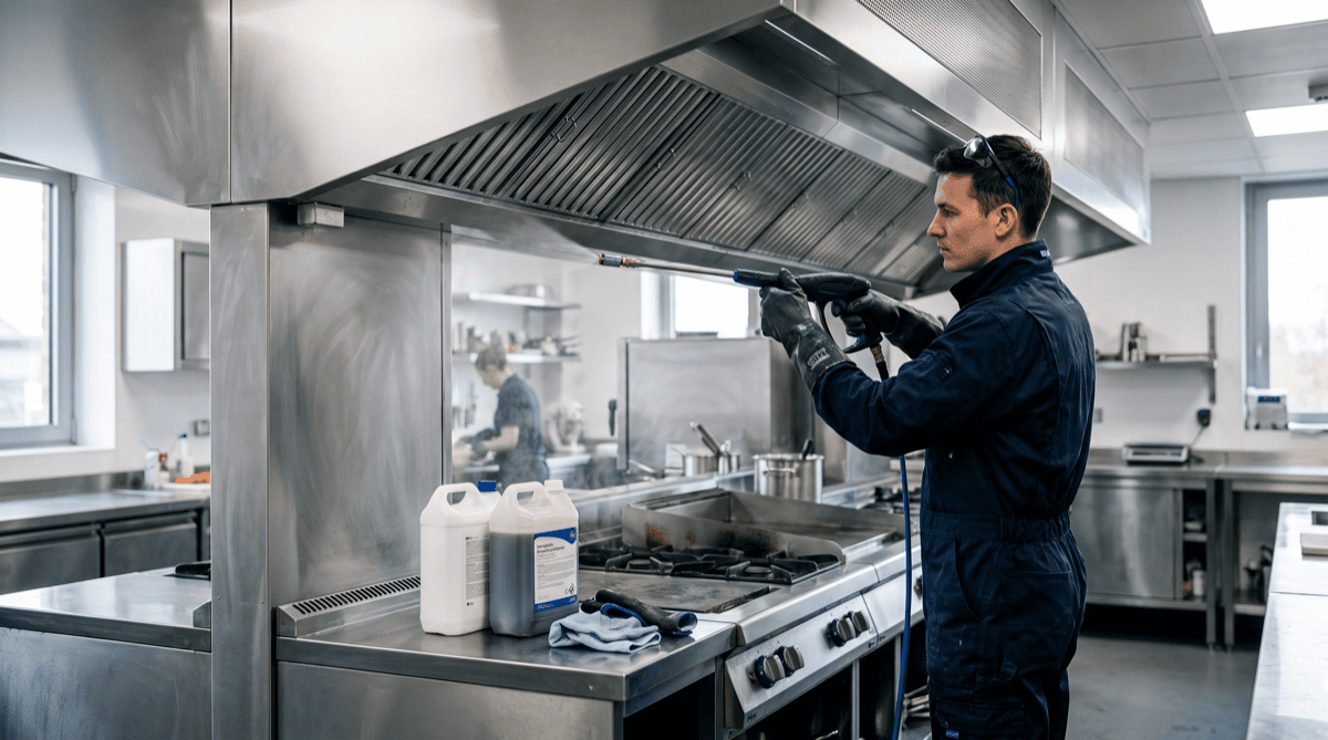Technicien en équipement de protection nettoyant une hotte de cuisine professionnelle dans un restaurant