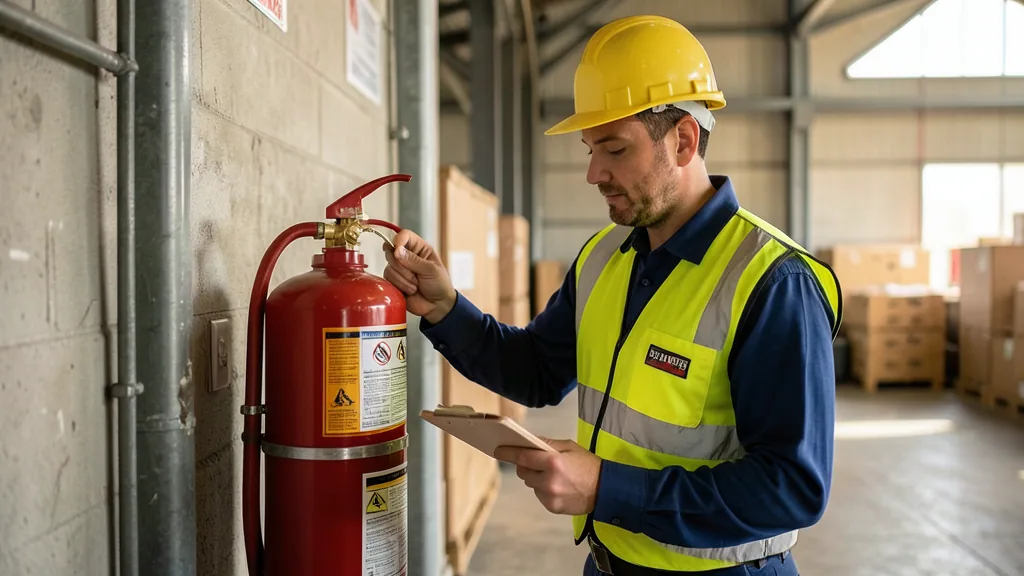 Technicien sécurité incendie en intervention vérifiant des extincteurs dans un entrepôt industriel