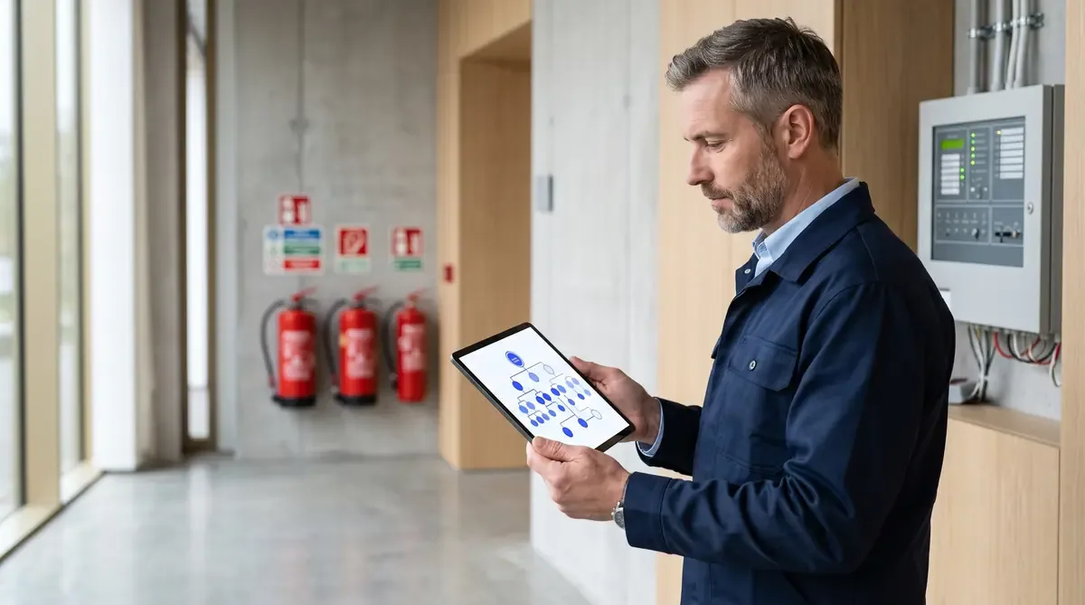 Responsable en établissement recevant du public consultant une tablette affichant un schéma d'architecture SEO, avec équipements de sécurité incendie en arrière-plan