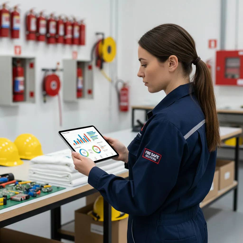Gérant technique en uniforme analysant ses leads B2B en sécurité incendie sur une tablette
