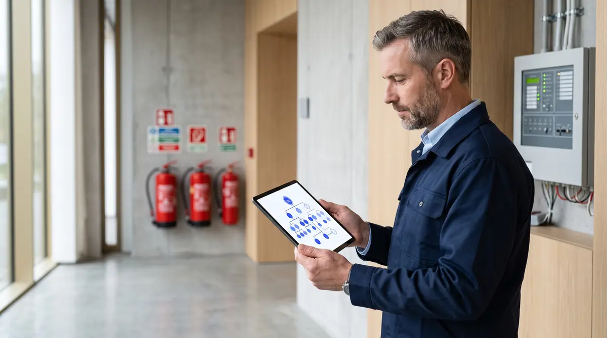 Responsable en établissement recevant du public consultant une tablette affichant un schéma d'architecture SEO, avec équipements de sécurité incendie en arrière-plan