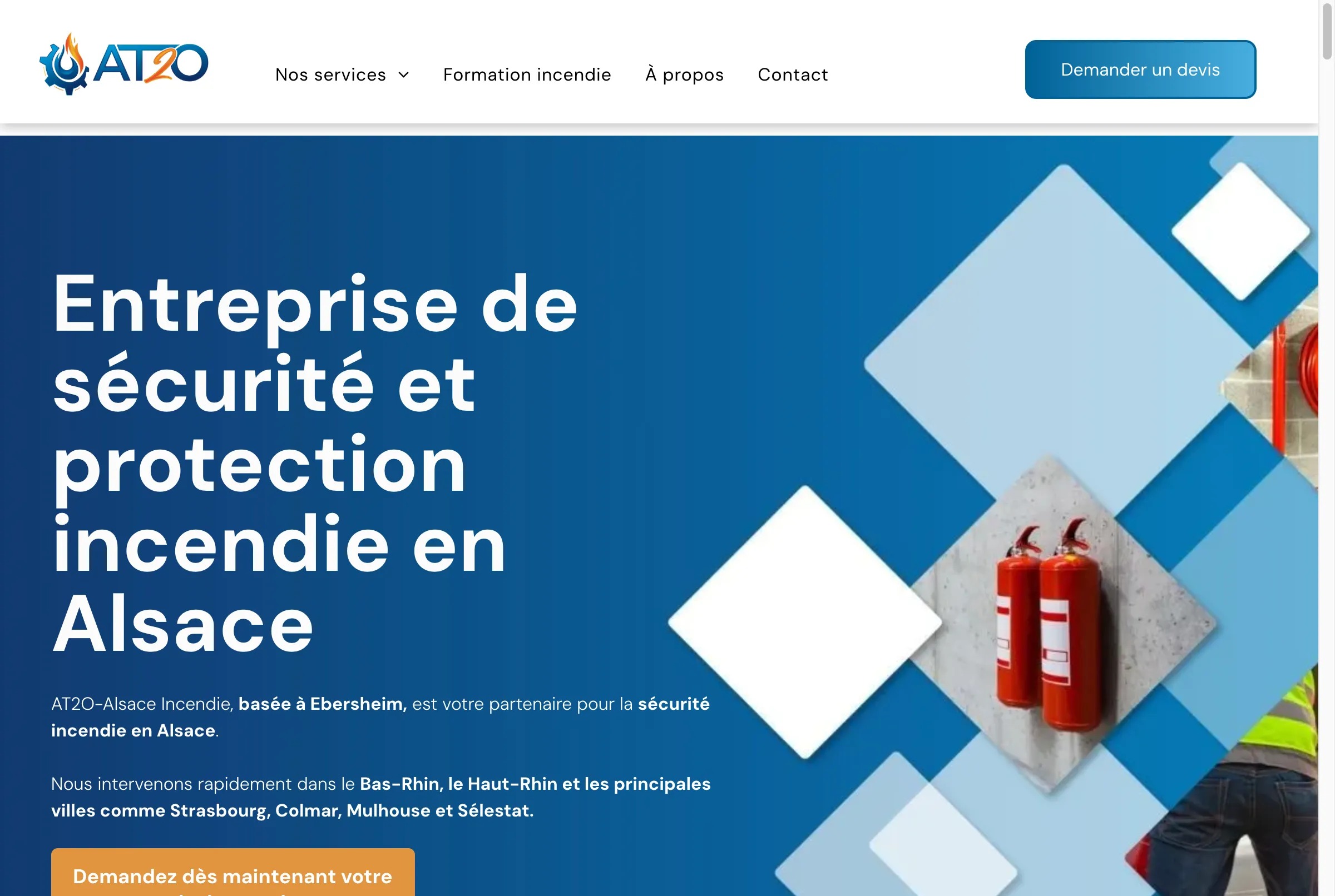Site web AT2O-Alsace Incendie présentant des solutions de mise en conformité incendie pour ERP et entreprises