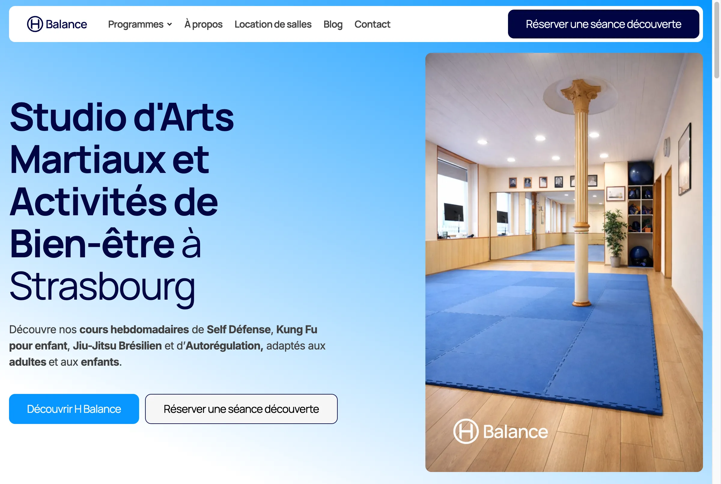 Capture d'écran du site H Balance à Strasbourg, mêlant arts martiaux et santé physique