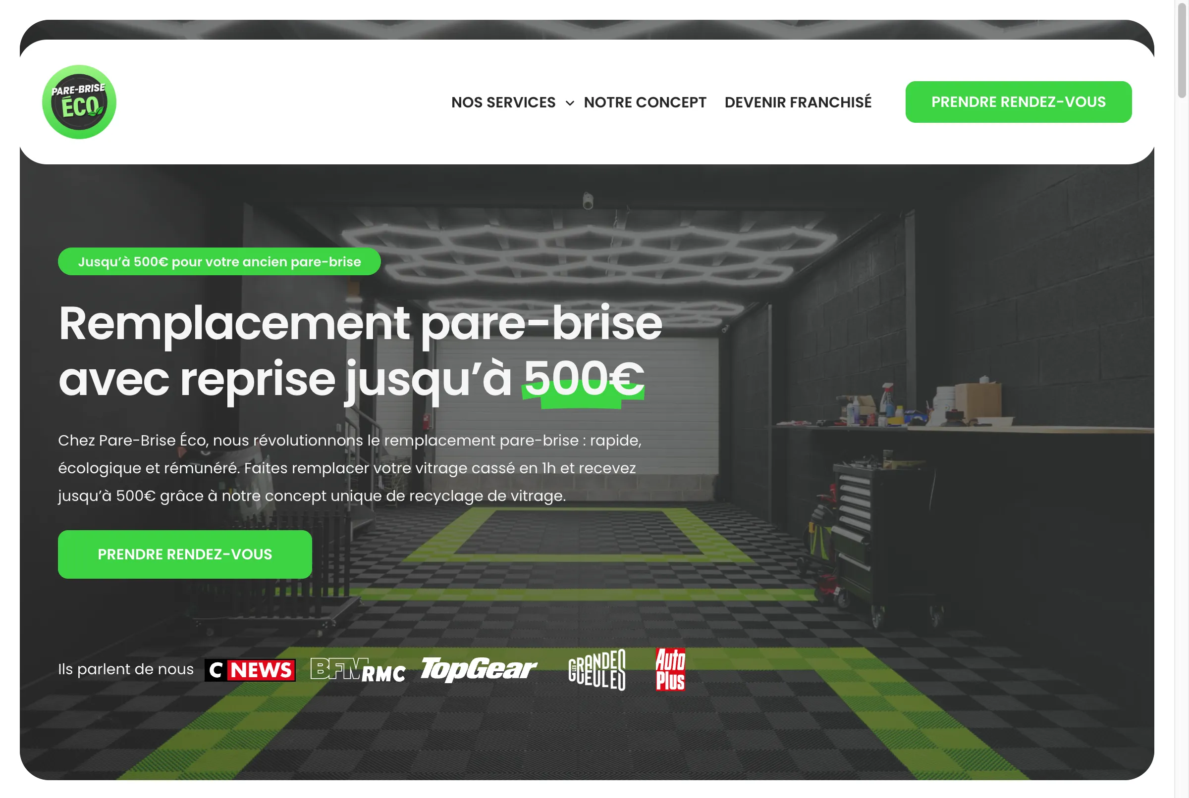 Aperçu du site Pare-Brise Éco, réseau de centres de remplacement de vitrage automobile