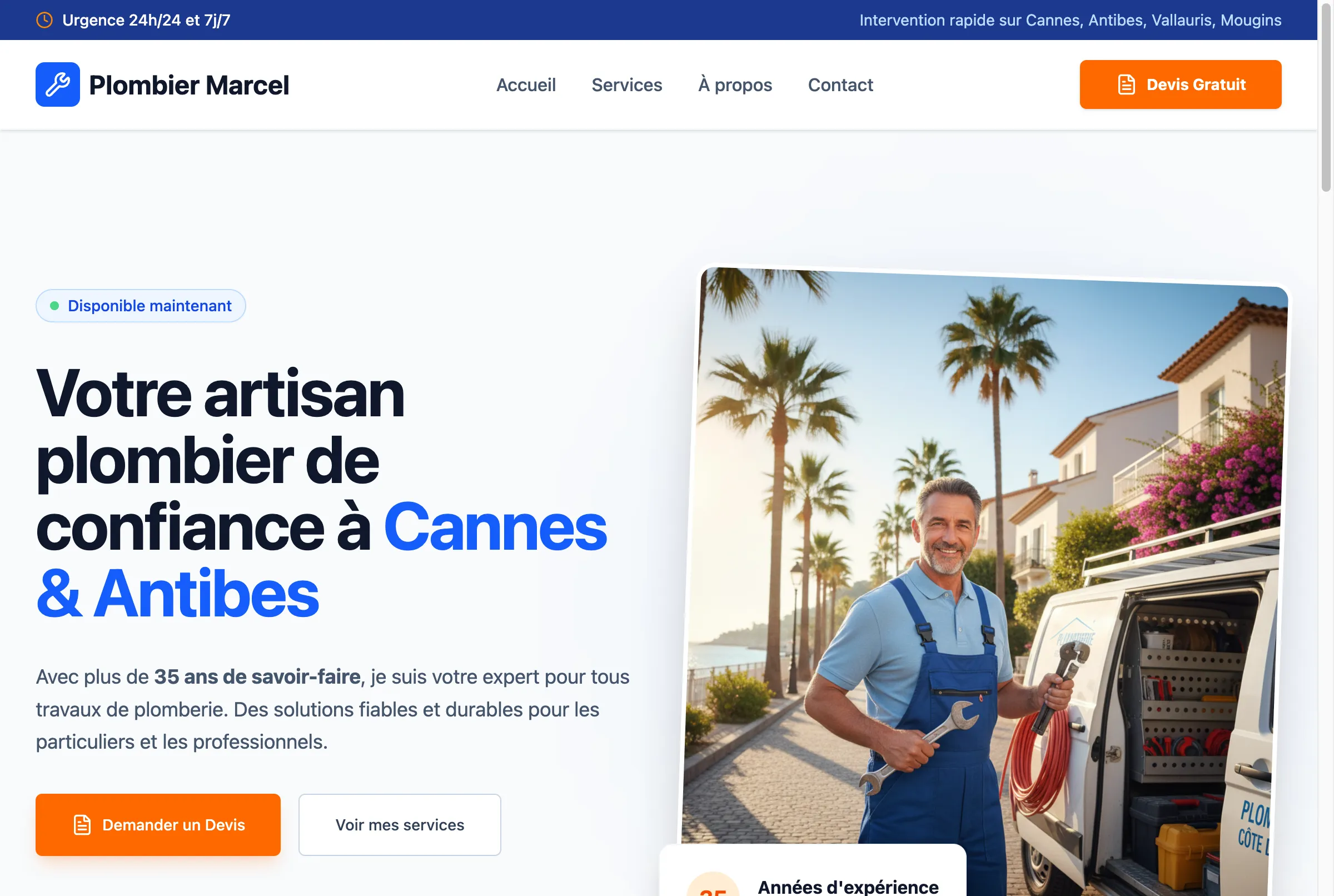 Capture d'écran du site Plombier Marcel optimisé pour le dépannage d'urgence à Cannes et Antibes