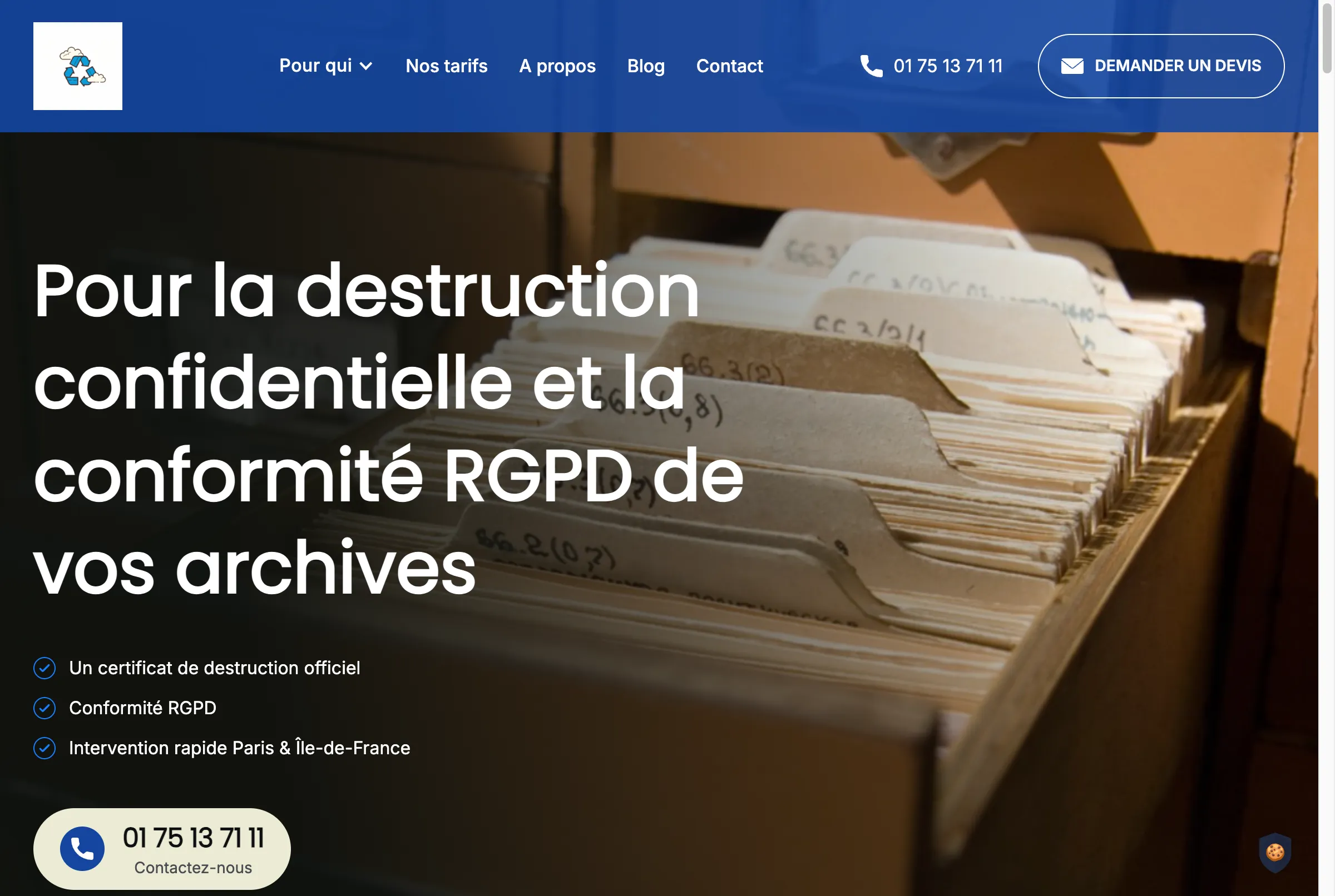 Capture d'écran du site Recycle Archives optimisé pour la destruction sécurisée de documents en Île-de-France