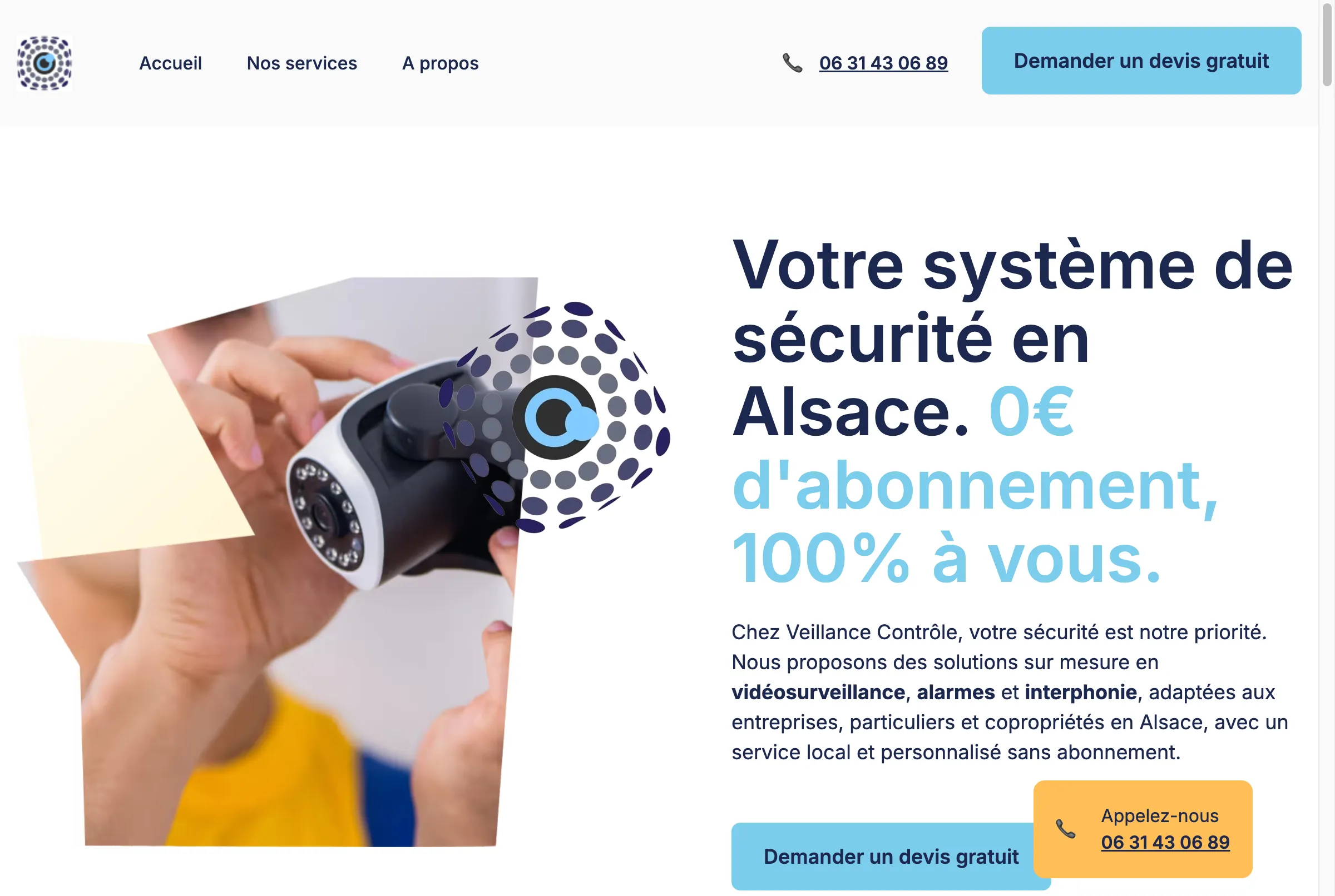Capture d'écran du site Veillance Contrôle spécialisé dans la vidéosurveillance et les alarmes en Alsace
