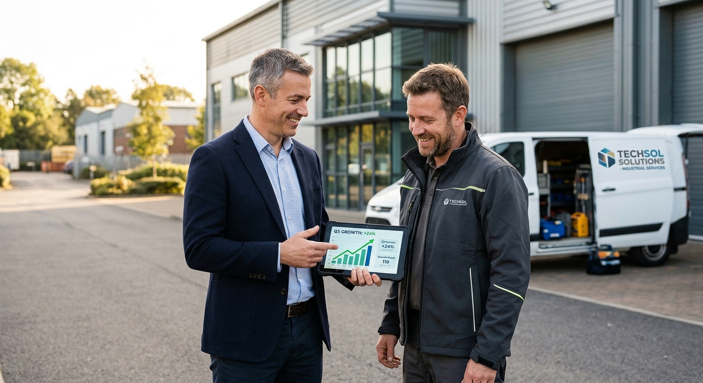 Un expert en acquisition discutant de résultats concrets avec un gérant d'entreprise technique sur le terrain