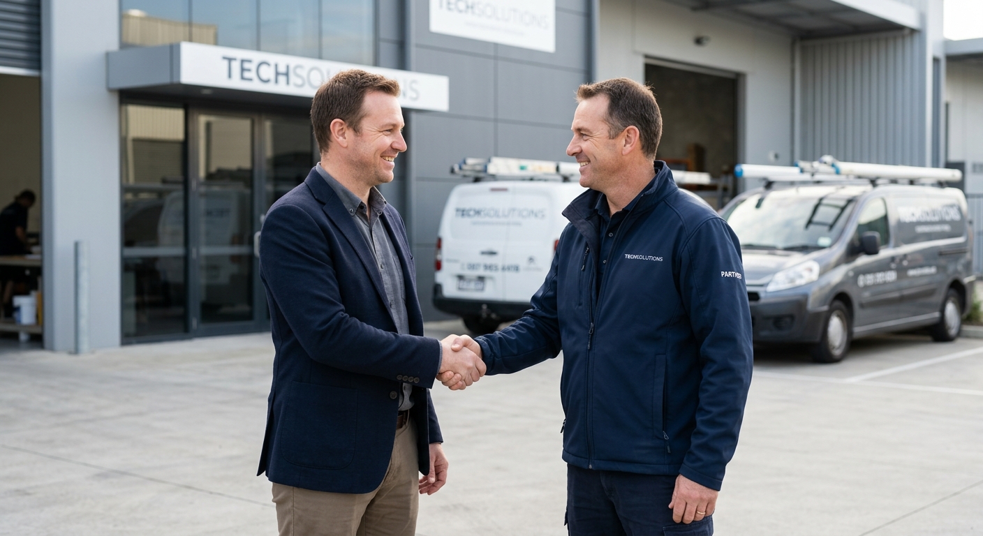 Un expert en acquisition et un chef d'entreprise de service scellent un partenariat de croissance sur le terrain